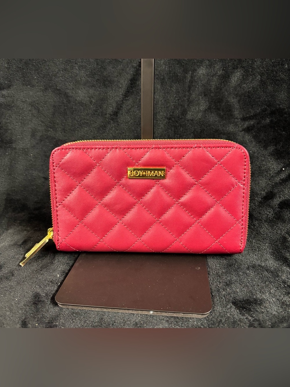JOY & IMAN Red Quilted Leather Double Zip RFID Wallet